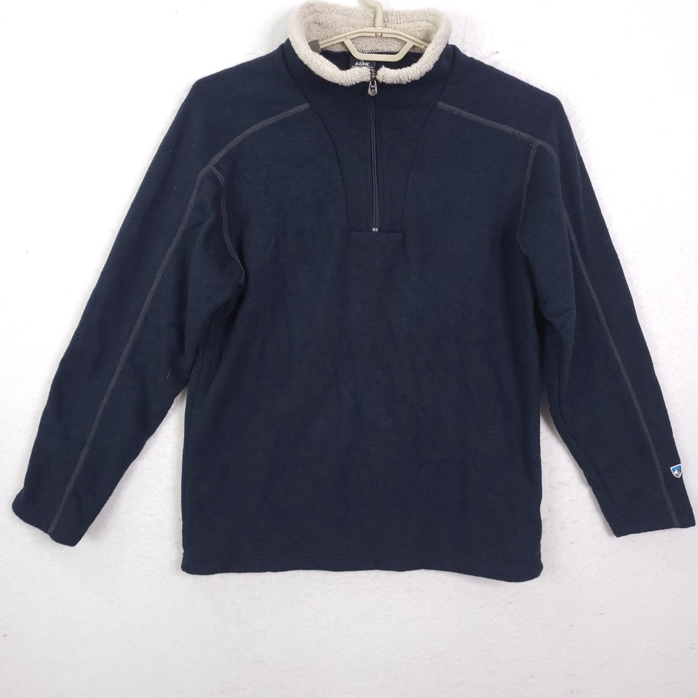 KUHL Pullover Mens Large Navy Blue Sherpa Lined Quarter Zip Fleece Hiking Winter